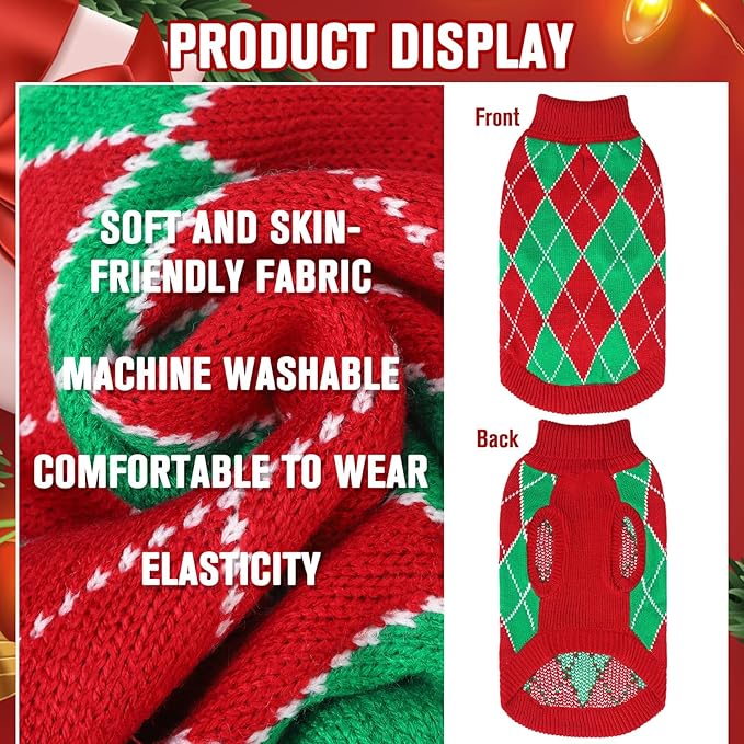 KOOLTAIL Dog Christmas Sweater, Knit Turtleneck Cold Weather Dog Sweaters for Small Medium Large Dogs, Red and Green Plaid Pullover Knitwear Pet Winter Warm Clothes, Puppy Sweater for Girls Boys S