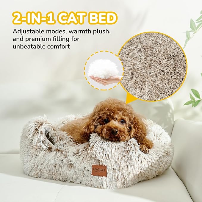 CATISM Cat Bed, Cat Cave for Indoor Cats, Soft Cat Dome, Self-Warming 2 in 1 Foldable Pet Cat House with Washable Cushioned Pillow Calming Fluffy Dog Beds for Small Dogs with Anti-Slip Bottom Brown L