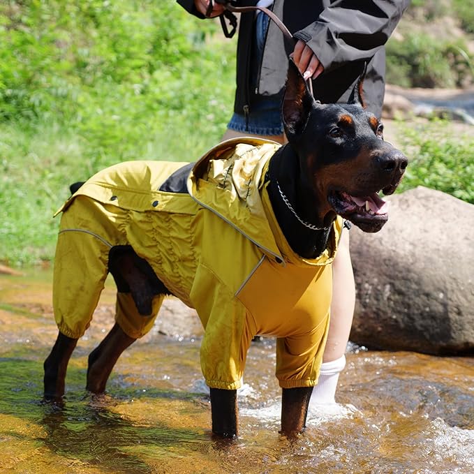 LOVELONGLONG Fleece-Lined Dog Raincoat with Removable Hood – Waterproof Winter Full Body Dog Jacket – Windproof Snowproof Cold-Weather Suit – Yellow-F 2XL