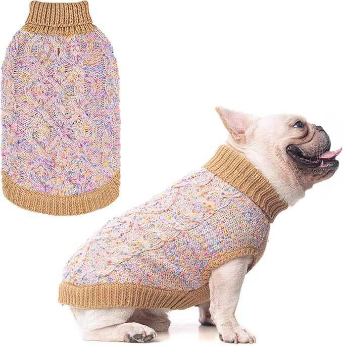 BEAUTYZOO Cable Knit Small Dog Sweater, Color Block with Fuzzy Thread Knitted Turtleneck Dog Knitwear with Dots in a Variety of Colors for Small Medium Dogs Fall Winter Dog Clothes, SM Beige