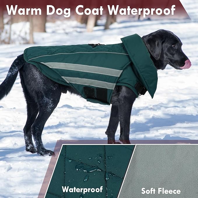 Dog Coat for Large Dogs Winter Waterproof Dog Jacket with Harness Reflective Turtleneck Hook & Loop Snowsuit Warm Fleece Snow Jackets Thermal Cold Weather Coats, Green 3XL