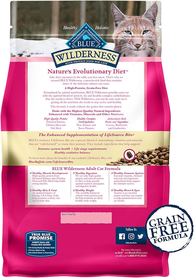 Blue Buffalo Wilderness Natural Adult Dry Cat Food, High-Protein and Grain-Free Diet, Supports Healthy Muscle Development and a Healthy Immune System, Salmon, 5-lb Bag
