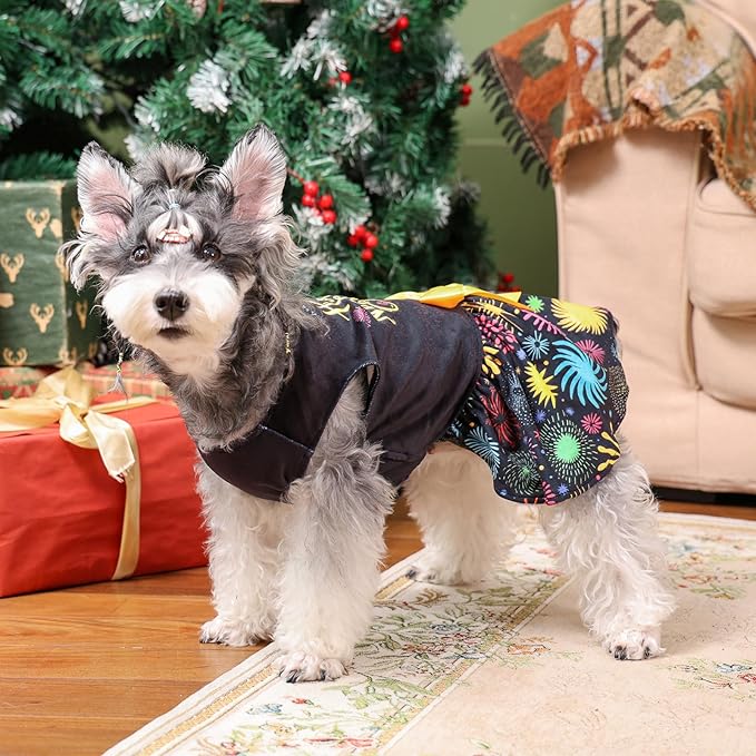 CuteBone Happy New Year Dog Dresses Velvet Holiday Small Dogs Clothes Onesie Pet Apparel Girl Puppy Skirt with Bow Hair Rope CVA56XS-D