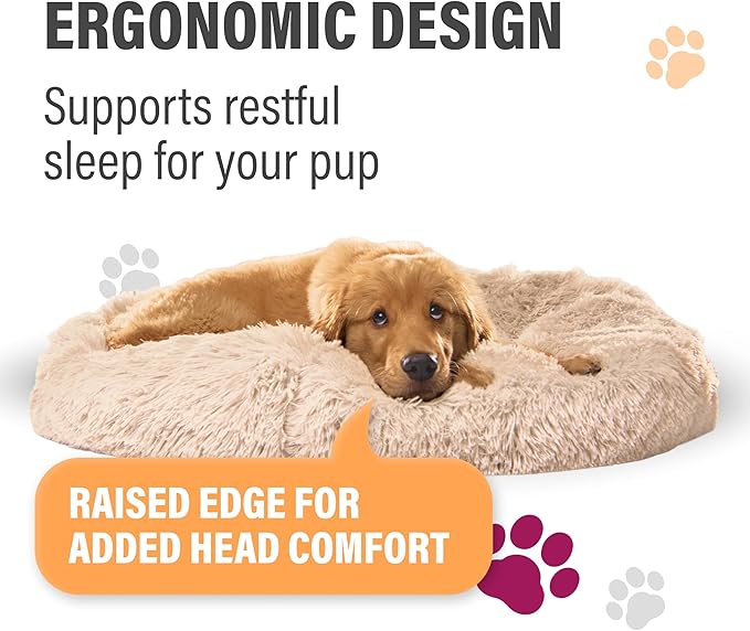 Active Pets Calming Plush Dog Bed Donut Joint Support Anxiety Relief Washable Pet Bed with Removable Cover for Dogs Cats, Large 36", Beige