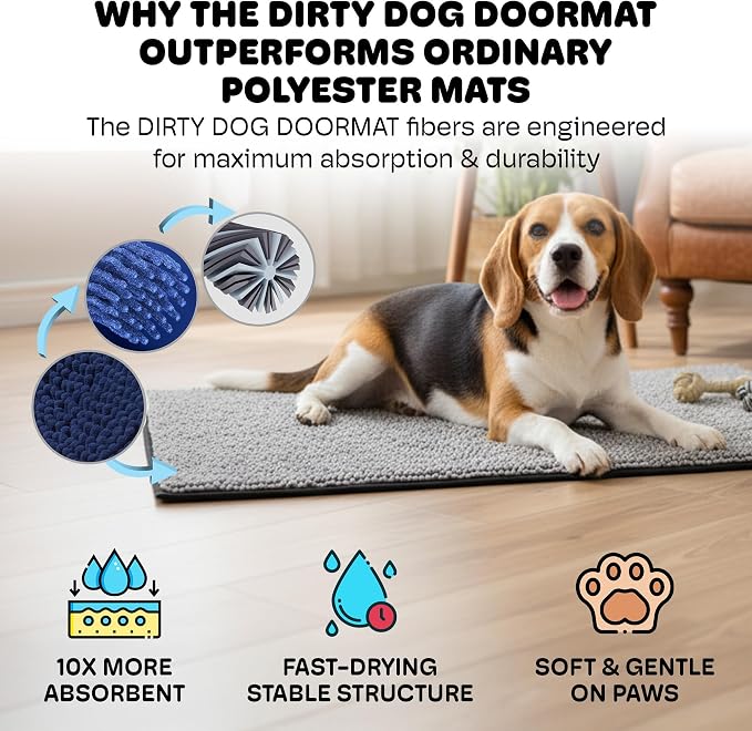Dog Gone Smart Dirty Dog Doormat - Super Absorbent Polyamide Rug Pulls in Moisture & Dirt - Fast Drying for Clean Floors, Non-Slip, Machine Washable Mat for Muddy Paws - Brown, 35 x 26 Inches