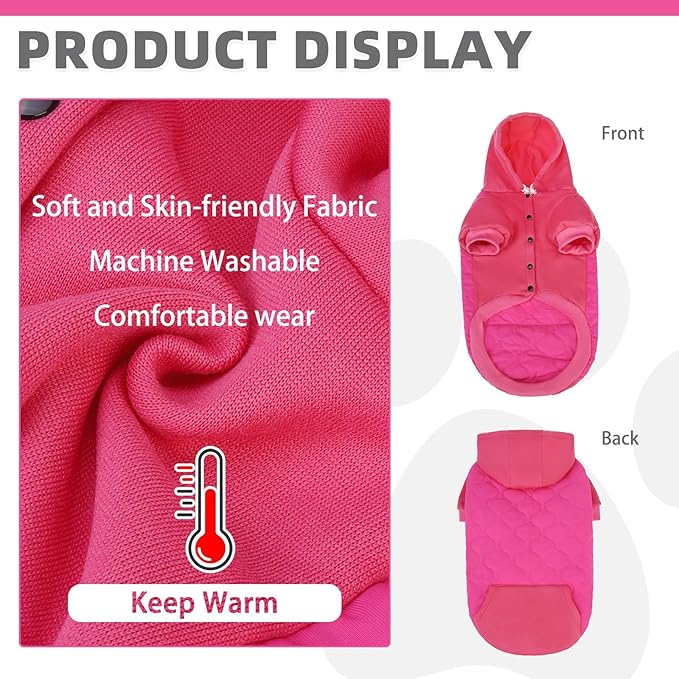 KOOLTAIL Warm Dog Winter Coat for Small Dogs, Waterproof Puppy Jacket with Leash Hole, Cold Weather Pet Vest for Winter, Soft Hoodie Sweater Sweatshirt Clothes for Puppy Cats Girls Boys Rose Red SM