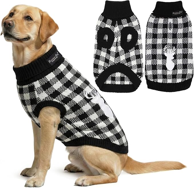 Parisian Pet Dog Sweaters - Cable Knit Dog Christmas Outfit - Fall, Winter Pet Clothes - Christmas Sweater for Large Dogs - Pullover Turtleneck White and Black Checkered Puppy Outfits - 2XL