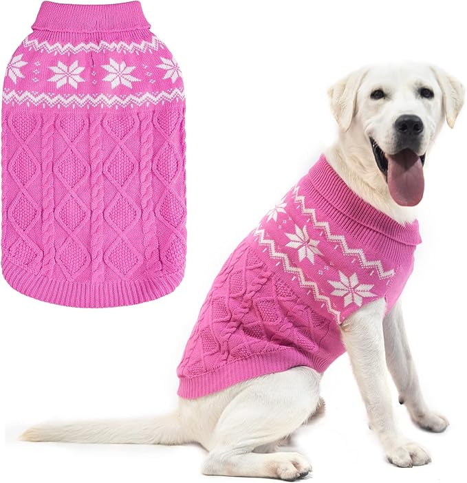Warm Winter Pink Dog Sweater - Female Cold Weather Pet Clothes for Small Medium Large Dogs Girl Indoor Outdoor, Soft Classic Knit Puppy Apparel Coat
