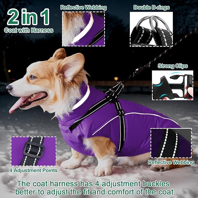 Fragralley Dog Coat with Harness Built in, Waterproof Windproof Reflective Warm Puffer Jacket, Fleece Lined Vest Winter Parka for Small, Medium, Large Dogs