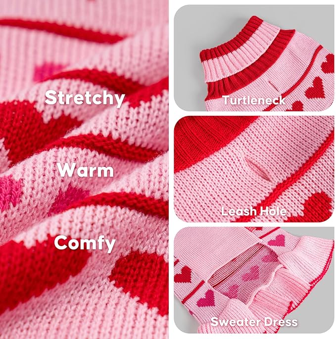 KYEESE Valentines Dog Sweater, Stretchy Dog Sweaters for Large Dogs, Soft Turtleneck Medium Large Dogs Sweater, Warm Pet Sweaters Dress with Heart Print, Comfy Pet Clothes Coat with Leash Hole, 2XL
