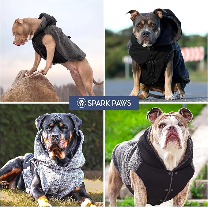 Spark Paws Reversible Fleece Dog Jacket, Hooded Sweater Vest, Warm Coat for Winter - Suitable for Small Medium Large XL XXL Dogs - Black and Grey - M