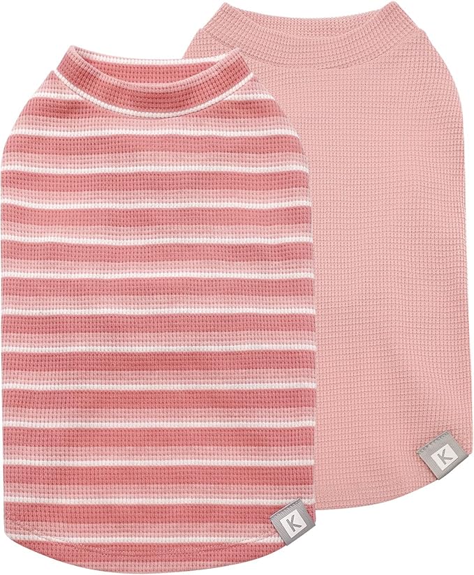KYEESE 2Pack Waffle Dog Shirts for Small Dogs Stretchy T-Shirts Lightweight Tank Top Sleeveless Striped Vest Breathable Cat Tee, Small, Pink+Striped