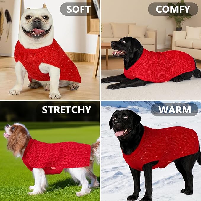 KYEESE Dog Sweater with Leash Hole Warm Pullover with Reflective Yarn for Small and Medium Dogs Male Soft Knit Pullover Boy Dog Coats Cozy Lightweight Thick Sweater,Red,Large