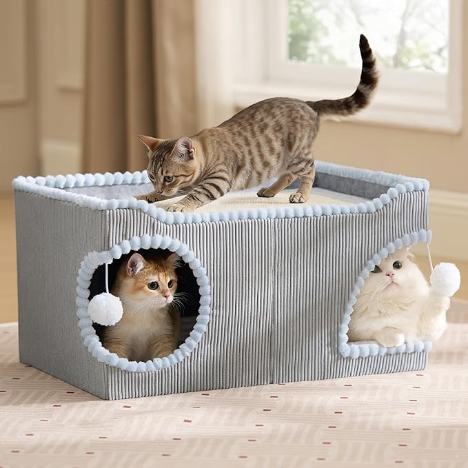 Bedsure Large Cat Beds for Indoor Cats - Extra Wide Cat House with Scratch Removable Top Sisal Pad for Multi Cats, Foldable Cave Hideaway for Entertainment, 23.6x15.9x12.6inches, Grey