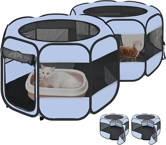 2-in-1 Cat Playpens, Detachable into 2 Separate Playpens with Additional 2 Doors, Portable Dog Playpen Cat Tent Enclosure for Kitten and Puppy Indoor Outdoor Use(S)