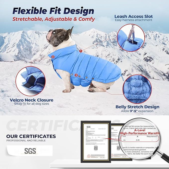 SPACE LION Dog Puffer Jacket, Down Winter Coat, Durable Outdoor Coat for Cold and Windy Conditions, Lightweight & Adjustable Fit Coats for Medium & Large Dogs, (Blue, Size20/XL)