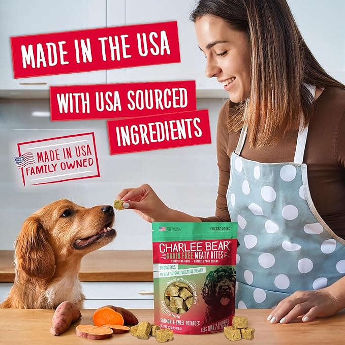 Charlee Bear Grain Free Meaty Bites Freeze Dried Dog Treats, Salmon and Sweet Potato, 2.25 Ounce Resealable Bag, Training Treats or Meal Topper Dogs, High Protein Dog Snacks, Made in USA