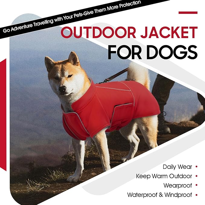 ROZKITCH Dog Raincoat Jacket, Waterproof Windproof Winter Coat with Fleece Liner and Leash Hole Reflective Strip for Large, Adjustable Poncho Vest for Outdoor Hiking Travel Red XL