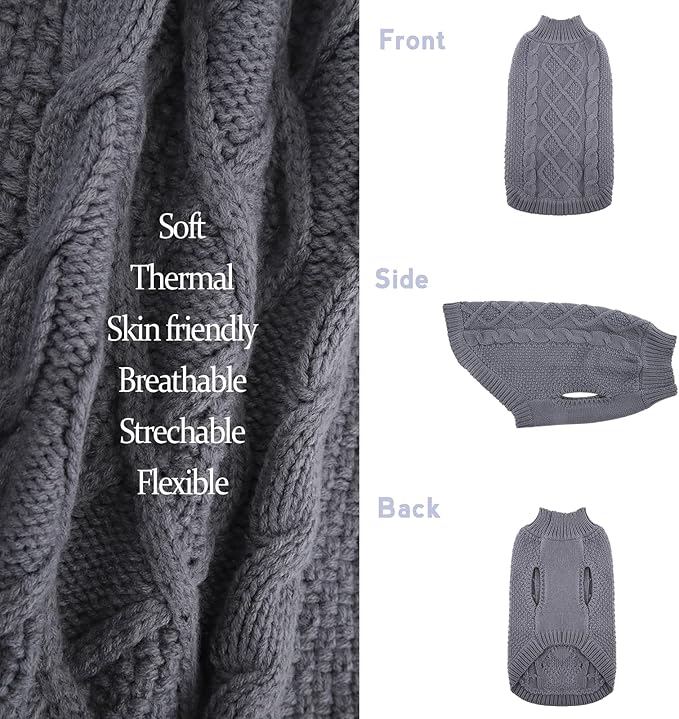 TONY HOBY Small Dog Sweaters Knitted Warm Dog Sweatshirt, Doggy Winter Coat Puppy Cold Weather Pullover Classic Knitwear Doggie Sweater, Thick Warm Winter Pet Clothes (L, Grey)