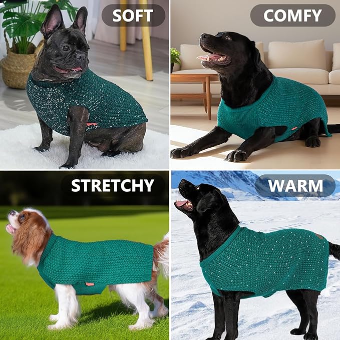 KYEESE Dog Sweater with Leash Hole Comfy Pullover Sweater Medium Size Male with Reflective Yarn Warm Pet Coats Stretchy Cozy Lightweight Thick Knitwear Dog Clothes,Green, X-Large
