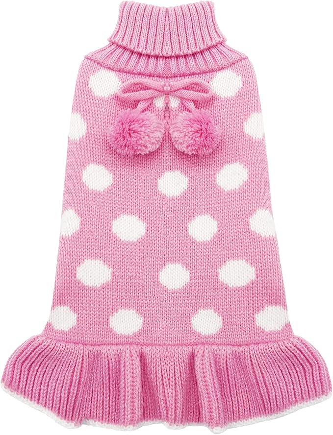 KYEESE Valentines Dog Sweater Dress, Warm Dog Sweaters for Small Dogs Girl Cats Dogs Clothes, Pullover Cozy Knit Pet Apparel with Leash Hole, Pink Dot, XS