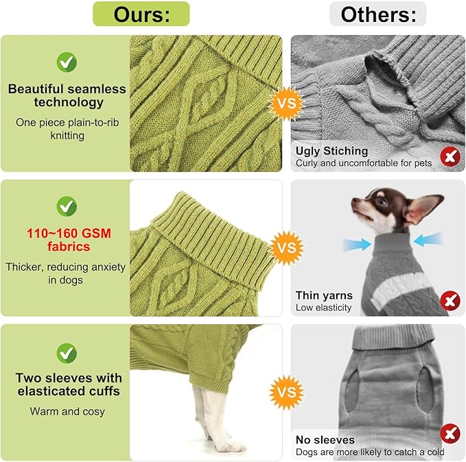 BEAUTYZOO Small Dog Sweater-Dog Sweatshirt Pullover Cable Knit Wear Classic Turtleneck Thick Cold Weather Clothes for Small Dogs, Medium Dogs, Puppies,Green Cable M (Back: 16", Chest: 21", Neck: 13")