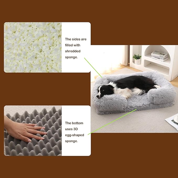 CareCooo Orthopedic Dog Bed for XL Dogs - Washable Memory Foam Pet Sofa, Fluffy Plush Rectangular Bed, Waterproof Anti-Anxiety Couch, Light Gray, XL
