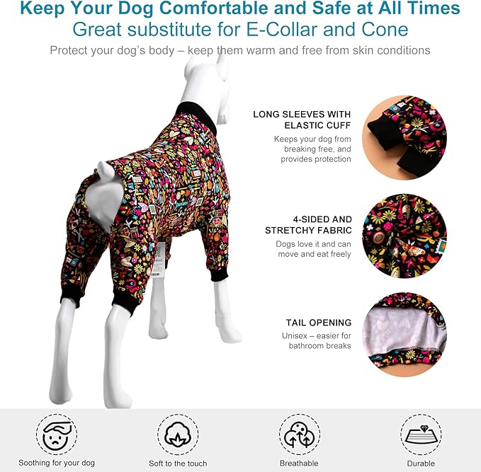 LovinPet Pet Pajamas for Pit Bulls, Full Coverage Dog Pjs with Black Trim, Decoupage Ink Print, Post Surgery Shirt, UV Protection, Pet Anxiety Relief Shirt, Large Dog Jammies, Pitbull Clothes, XL