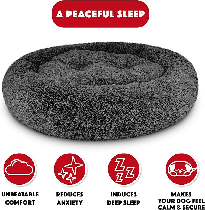 The Dog’s Bed Sound Sleep Donut Dog Bed, XL Dark Grey Fur Calming Nest Bed Removable Cover, Veterinary Approved