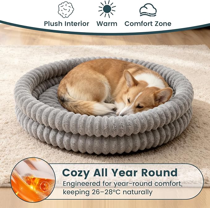 Petinstinct Dog Bed Medium Size Dog, Machine Washable Orthopedic Donut Cat Beds for Indoor Cats, Fluffy Round Pet Bed with Anti-Slip Bottom for Puppy and Kitten, Gray, 28"x28"x5"
