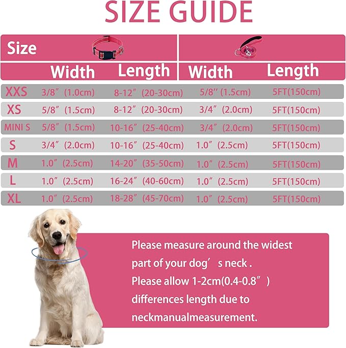 Reflective Dog Collar with Safety Locking Buckle, Adjustable Soft Breathable Nylon Collars for Small, Medium and Large Dogs(Collar+Leash L Hotpink)