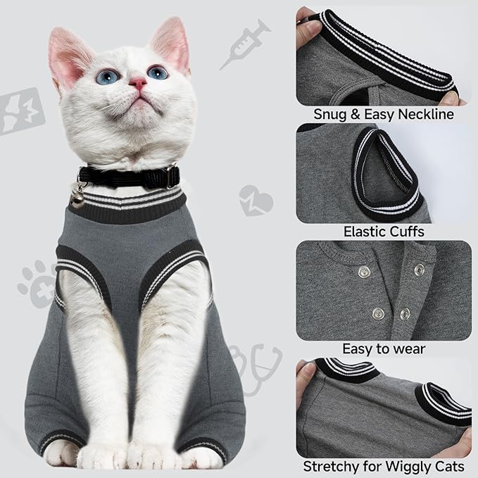 Stress-Free Cat Recovery Suit for Female Cats - Vet-Backed E-Collar Alternative, Anti-Lick & Rear Access Design Gray S
