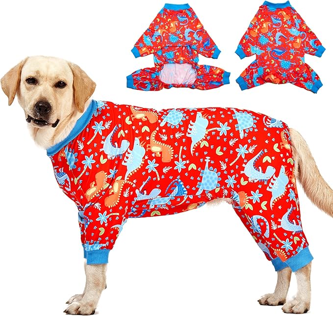 LovinPet Pitbull Dog Pajamas, Large Dog Onesies for Surgery Care, Lightweight Stretchy Knit Fabric, Dinosaur Jungle Red Print, Pet Clothes, UV Protection, Pet Anxiety Relief, PJ's for Dogs, XL