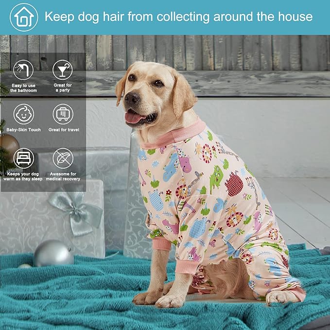 LovinPet Large Dog Pajamas, Pajamas for Large Dogs, Slim Fit, Lightweight Pullover Dog PJ's, Full Coverage, Animals Allover Pink Print, Pitbull Onesie, L