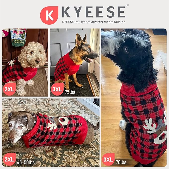 KYEESE Dog Christmas Sweater with Reindeer Pattern,Cozy Large Dogs Christmas Red Buffalo Plaid Knitwear, Turtleneck Dog Sweater for Large Dogs with Leash Hole, Soft Warm Pet Clothes, XXXX-Large