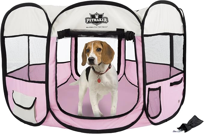 Pet Playpen - 38x24 Pop-Up Dog Kennel with Carry Bag - Portable Play Pen for Dogs, Cats, Rabbits, and Small Animals up to 25lbs by PETMAKER (Pink)