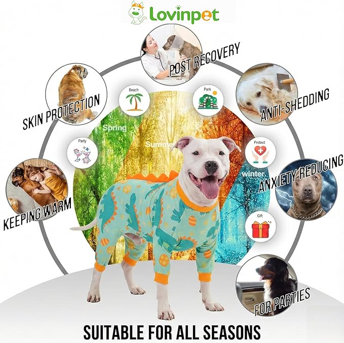 LovinPet Large Dog Pajamas, Four-Leg Stretch Onesie Bodysuit, Lightweight UV-Shielding Pajamas, Anti-Lick Calming Recovery Suit for Surgery, Pull-On for Medium and Large Breeds,Green Orange,L