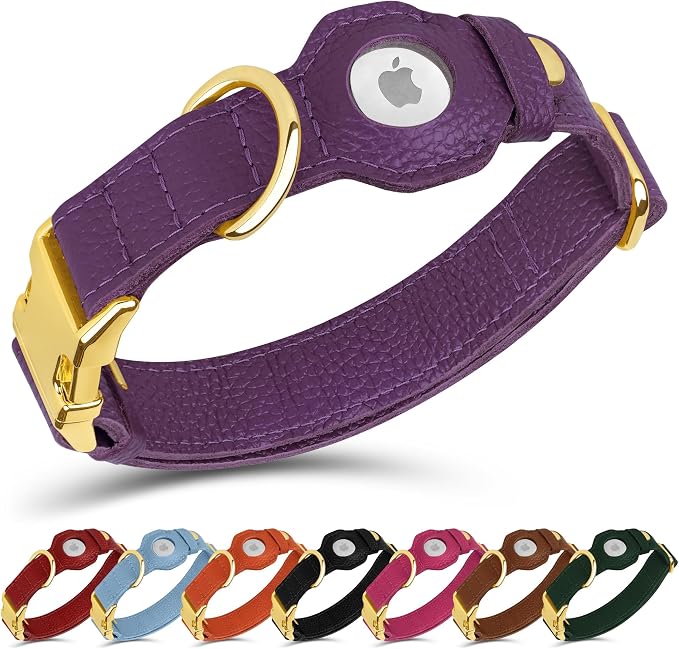 Leather Airtag Dog Collar - Soft Tracking Dog Collar with Apple AirTag Holder and Metal Buckle - Safety GPS Pet Collars for Small Medium Large Dogs Puppy Pink Red (Purple, L, 17"-21" Neck Fit)