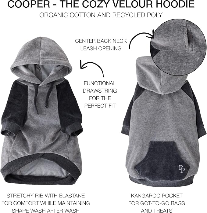 Cooper II Organic Cotton Velour Dog Hoodie Pet Coat for Small, Medium and Large Dogs, Heather Gray Color Block, X-Large (55-80 lbs)
