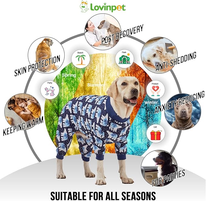 LovinPet Big Dog Pajamas, Post Surgery Onesie UV Protection, Blue Triangle Print, Lightweight Stretchy Big Dogs Pullover Shirt, Full Coverage Large Breed Dog Jammies, Pet PJ's, XXL