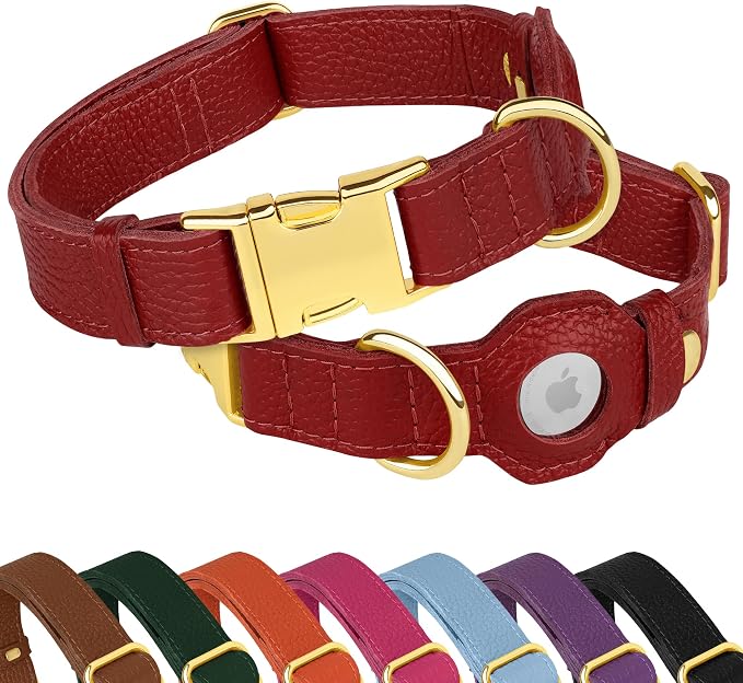 Leather Airtag Dog Collar - Soft Tracking Dog Collar with Apple AirTag Holder and Metal Buckle - Safety GPS Pet Collars for Small Medium Large Dogs Puppy Pink Red (Red, XS, 9"-12" Neck Fit)