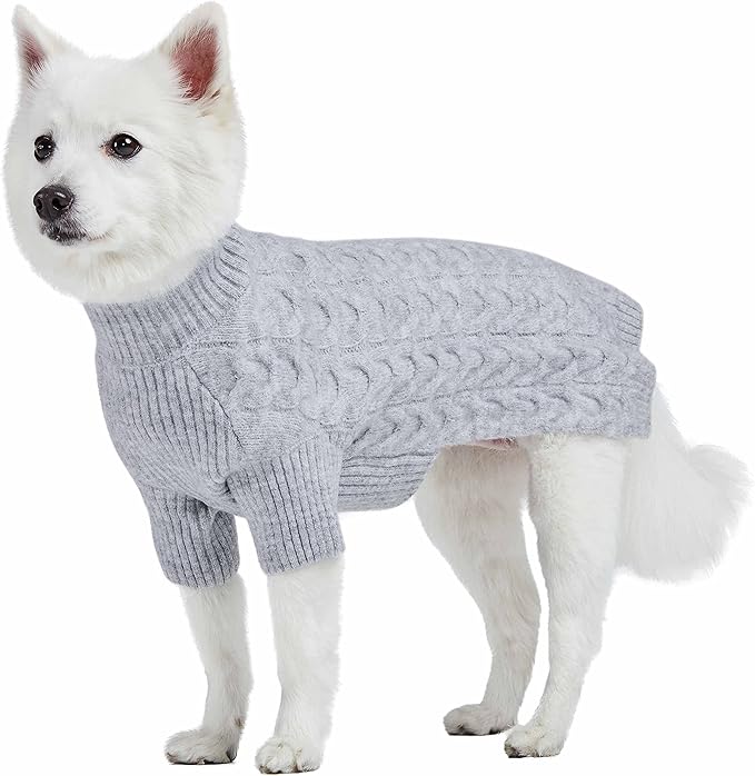 Blueberry Pet Classic Fuzzy Textured Knit Pullover Turtle-Neck Dog Sweater in Heather Grey, Back Length 16", Pack of 1 Clothes for Dogs