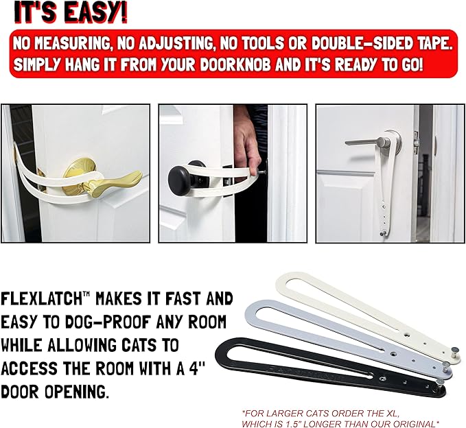 FlexLatch Cat Door Holder Latch - Black Cat Door Alternative Installs Fast Flex Latch Strap Let's Cats in and Keeps Dogs Out of Litter & Food. Safe Baby Proof One Piece No Measuring Extra Easy