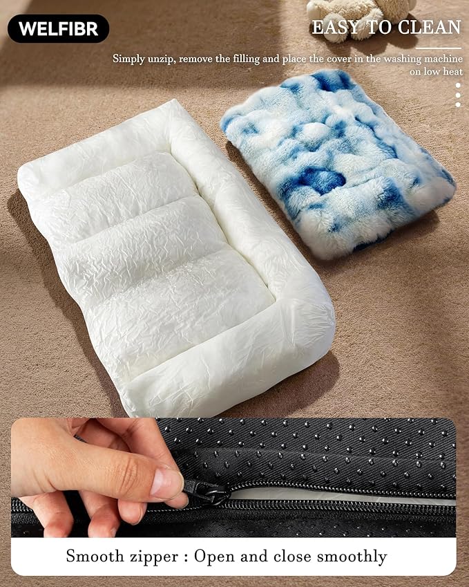 Welfibr Dog Bed 100% Washable Faux Fur Dog Beds Small Size Dog Orthopedic Dog Bed with Sides Elevated Dog Bed Comfort Pet Beds with Removable Cover Noiseless Supportive Dog Couch Anti-Slip Blue 35"