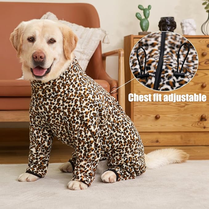 Dog Winter Coat for Large Medium Small Dogs, Warm Fleece High Collar Full Body Dog Jumpsuit Comfortable Onesie Apparel (Leopard, 5X-Large)