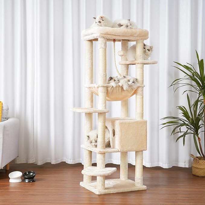 Heybly Cat Tree for Large Cats 20lbs Heavy Duty,60 inches XXL Cat Tower for Indoor Cats, Multi-Level Furniture Condo with Big Padded Plush Perch, Cozy Basket, Beige HCT050M
