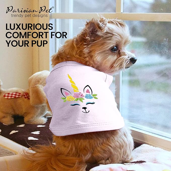 Parisian Pet Dog Tshirt - Embroidered Unicorn Girl Pet Vest - 100% Cotton, Lightweight Dog Clothes Female Tank Top - Sleeveless Pink Tee Shirts for Large Dogs - XL
