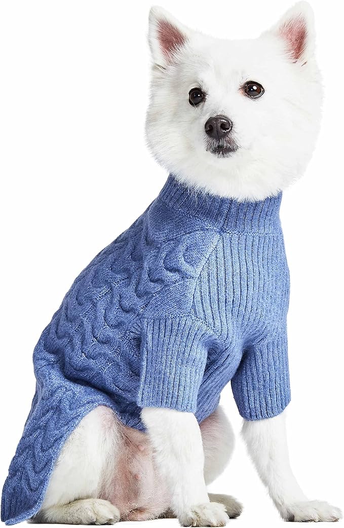 Blueberry Pet Classic Fuzzy Textured Knit Pullover Turtle-Neck Dog Sweater in Heather Blue, Back Length 10", Pack of 1 Clothes for Dogs