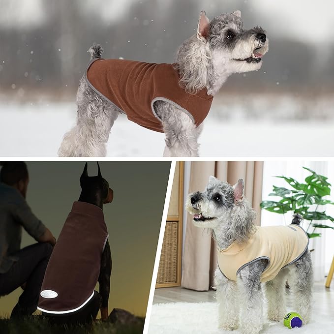 cyeollo Fleece Dog Sweater Vest, Reflective Dog Sweatshirt Pullover Pet Jacket for Small Medium Large Dogs Clothes Boy Girl Pets, Brown & Khaki L