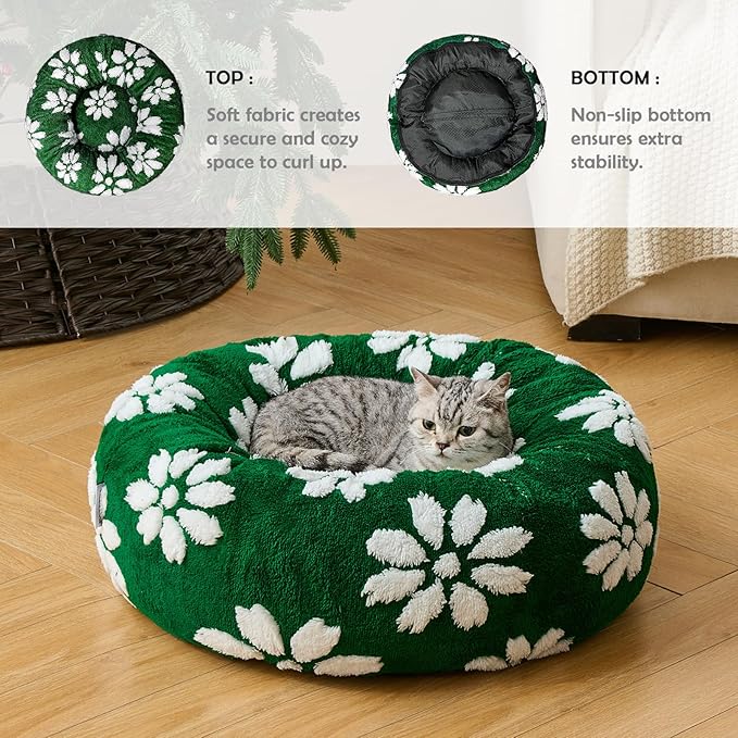 Yaning Donut Dog Beds for Small Dogs, Calming Round Cat Beds for Indoor Cats, Cute 3D Textured Flower Pet Bed with Removable Washable Cover and Anti-Slip Bottom（Green，23"）